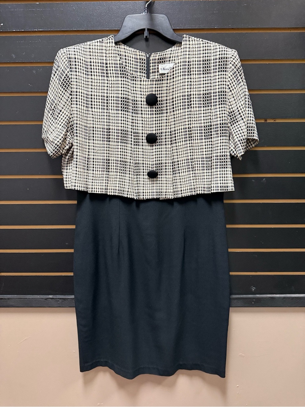 Vintage Ultra Dress New York Petite 12 Plaid Overlay Sheath Dress